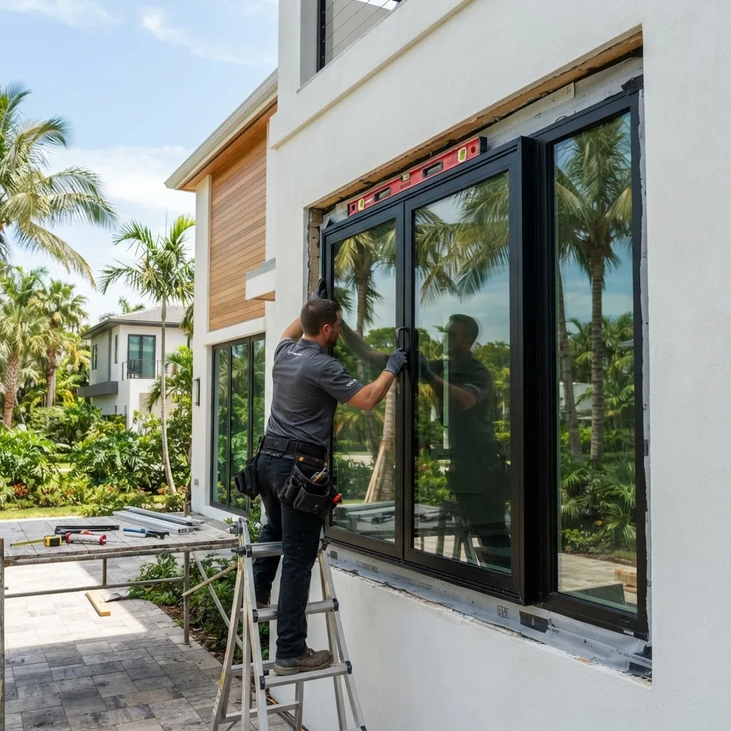 Installer fitting a black-framed window on a modern Florida home