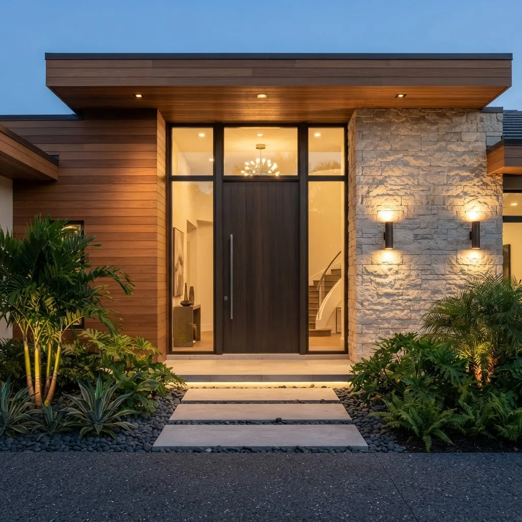 Modern glass entry door on a Florida home