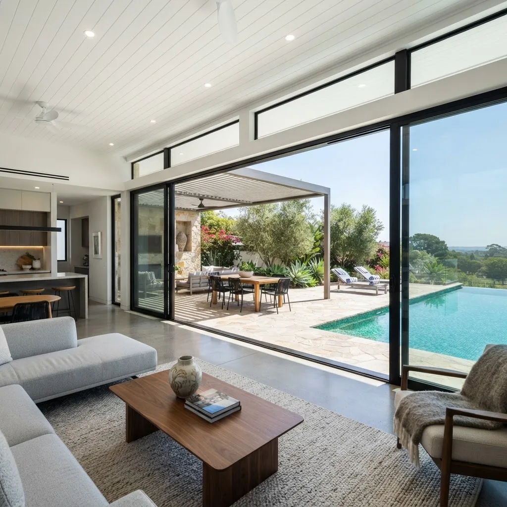 Wide sliding glass doors opening onto a pool deck