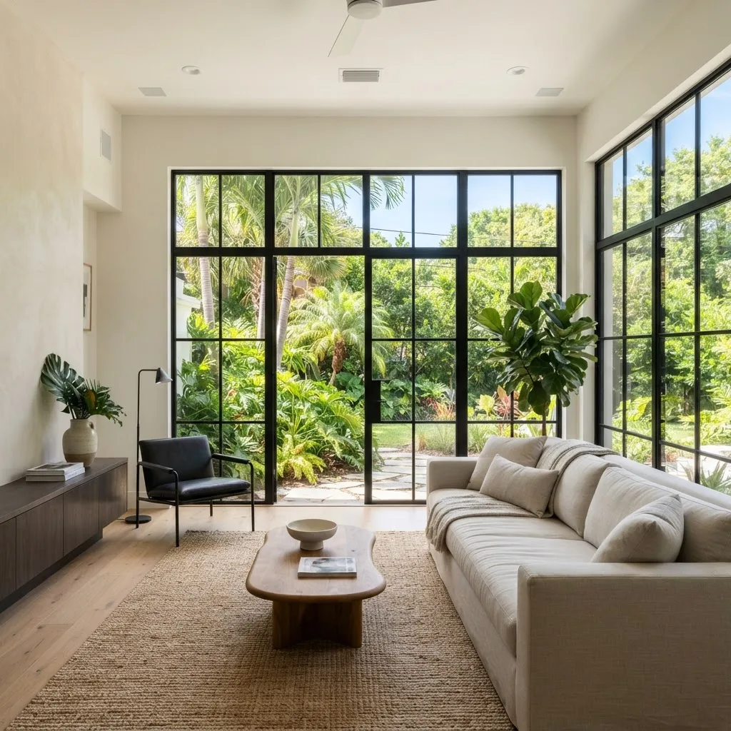Bright living room with large energy-efficient windows