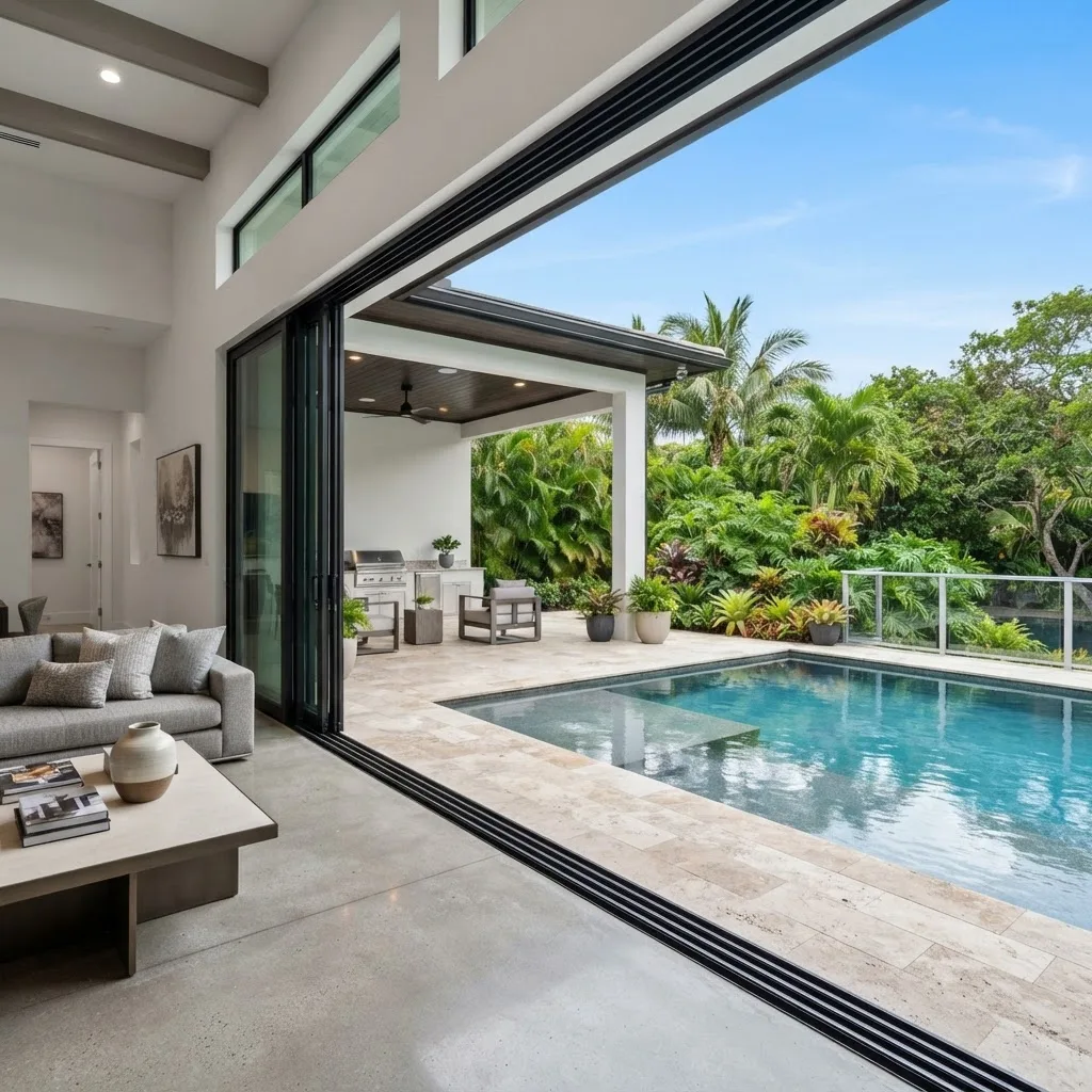 Six-panel sliding glass wall opened to a pool terrace