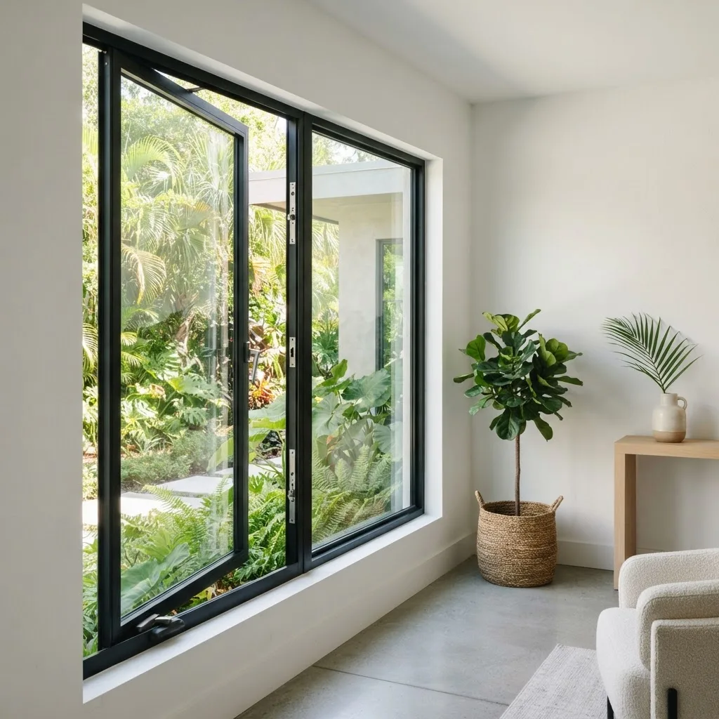 Modern casement window cranked open on a Florida home
