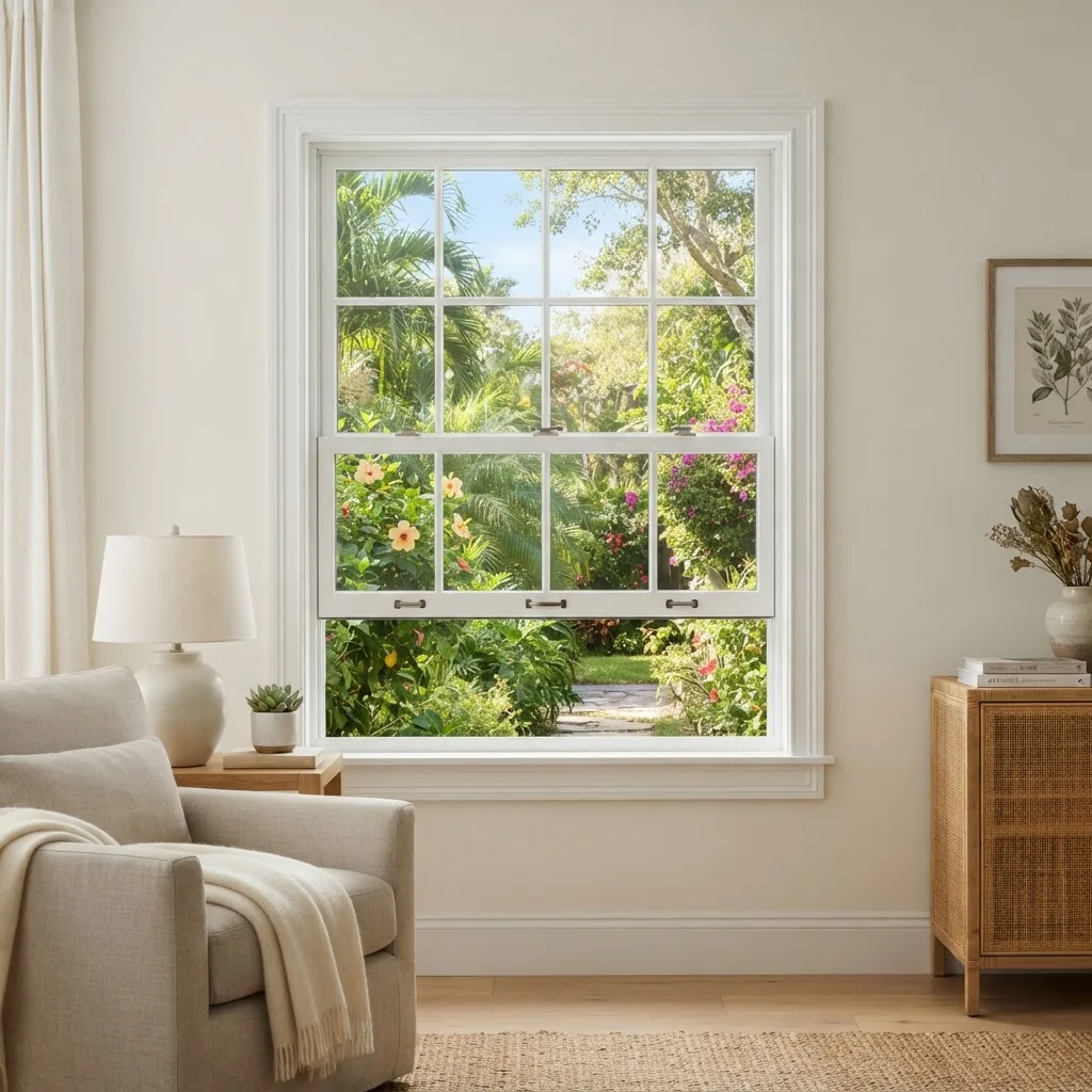 Classic double-hung window in a bright Florida home interior