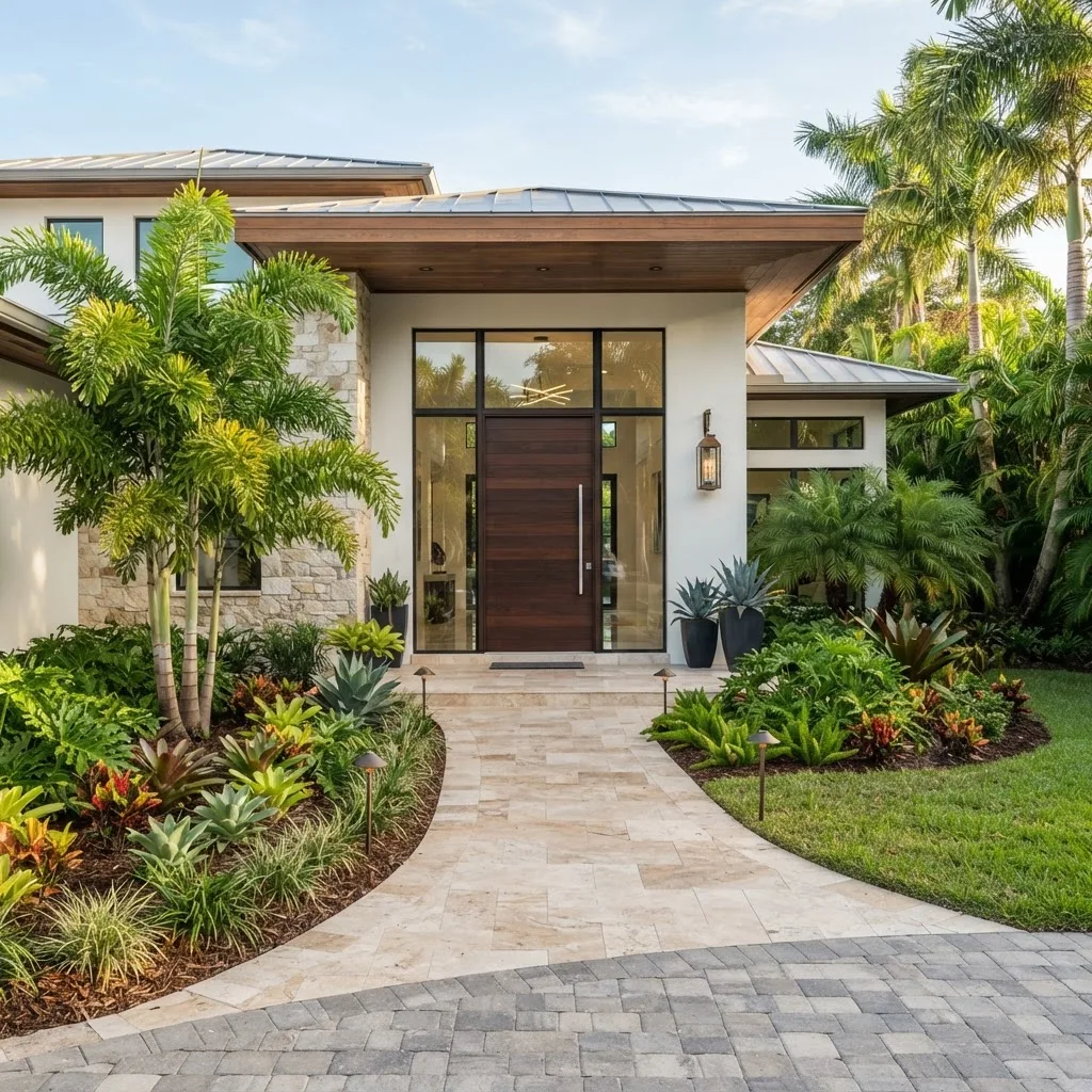 Modern wood entry door with glass sidelights and a transom on a Florida home