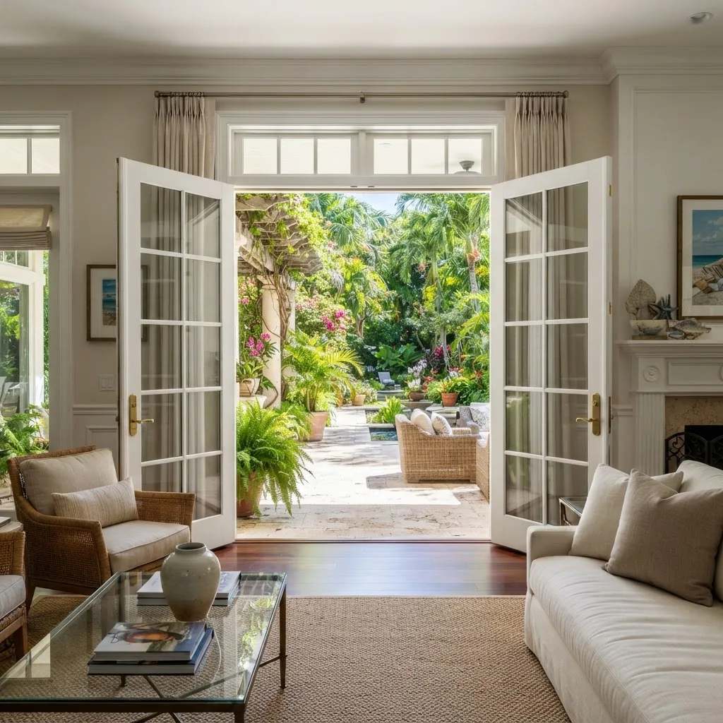 French patio doors opening from a living room onto a garden patio