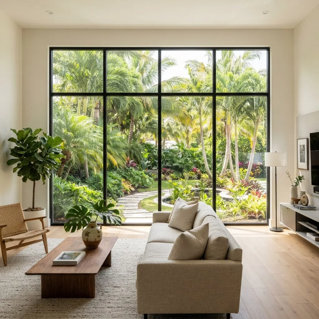 Large fixed picture window framing a garden view in a Florida living room