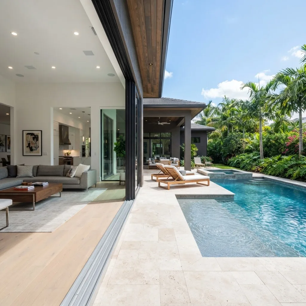 Large sliding glass doors opened at the corner of a living room to the pool