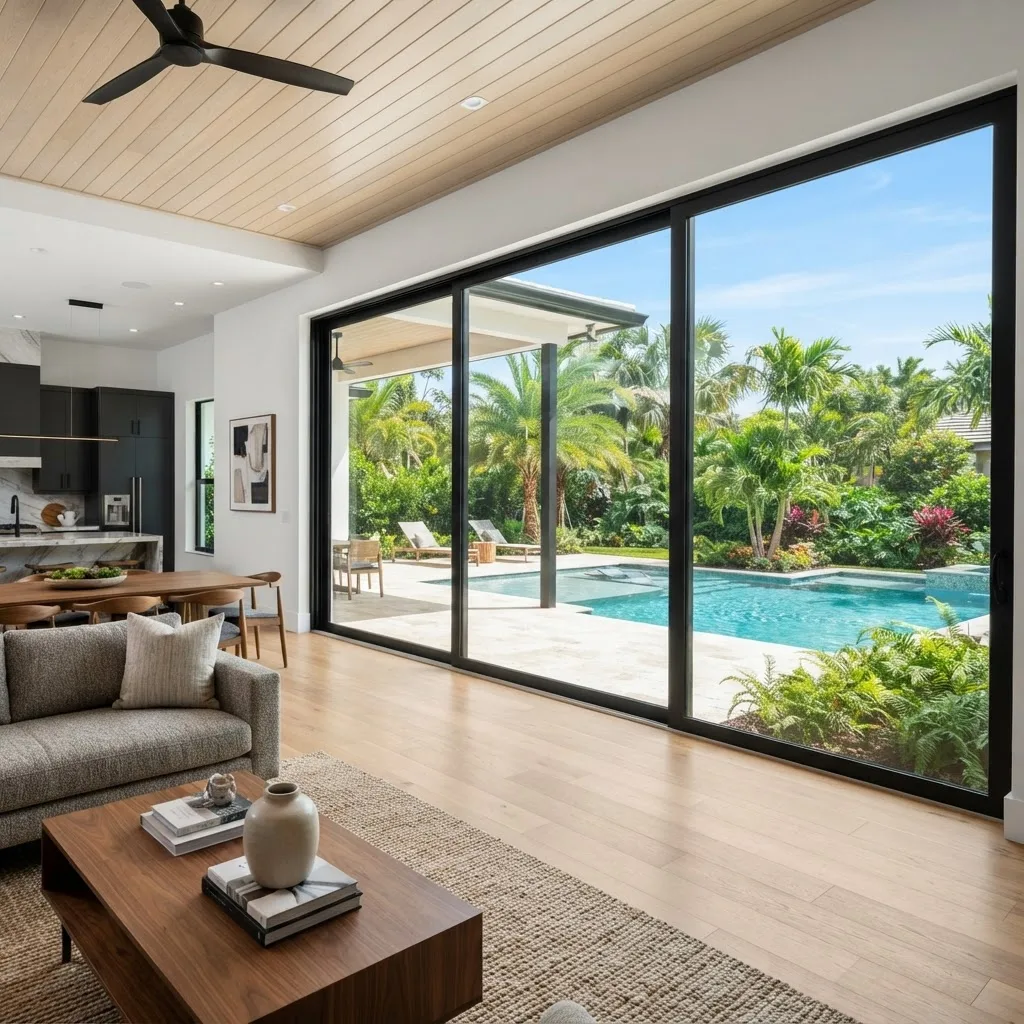 Large horizontal sliding window on a modern Florida home