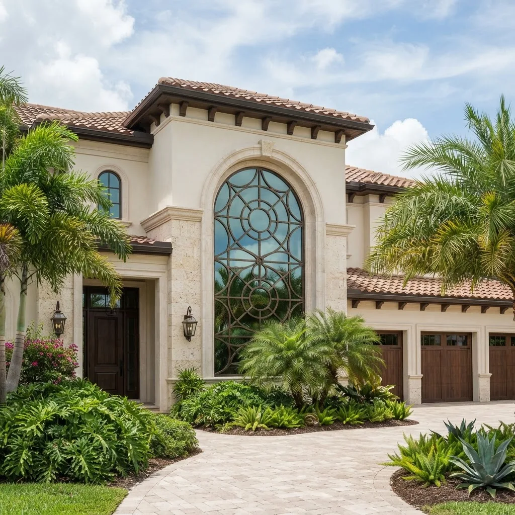Elegant arched specialty window on a premium Florida home facade