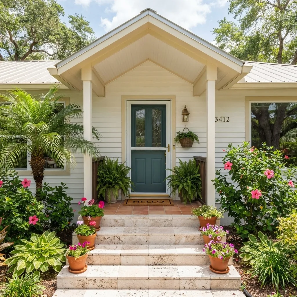 Storm and screen door on the front porch of a Florida cottage
