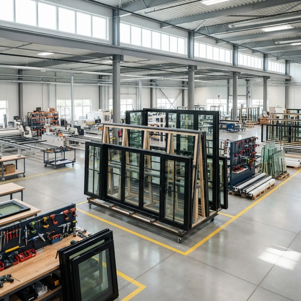 Window units on racks inside the EcoGlass factory in Longwood